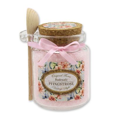 Bath salt 300g in a glass jar with a wooden spoon "Vintage motif 170", Peony 