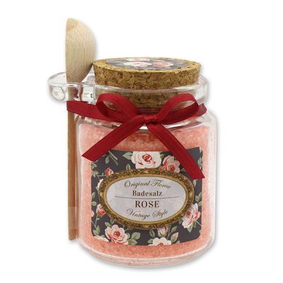 Bath salt 300g in a glass jar with a wooden spoon "Vintage motif 171", Rose red 