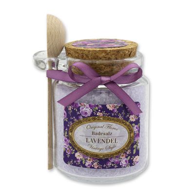 Bath salt 300g in a glass jar with a wooden spoon "Vintage motif 173", Lavender 