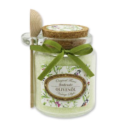 Bath salt 300g in a glass jar with a wooden spoon "Vintage motif 176", Olive oil 