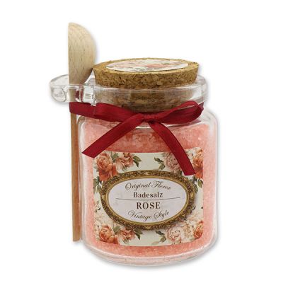Bath salt 300g in a glass jar with a wooden spoon "Vintage motif 189", Rose red 