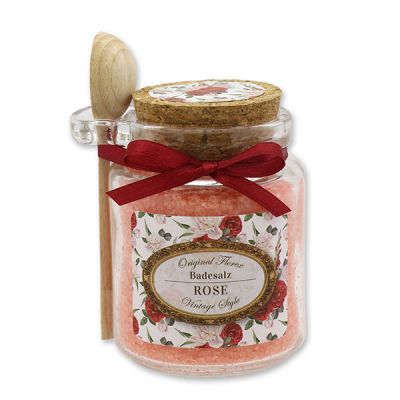 Bath salt 300g in a glass jar with a wooden spoon "Vintage motif 190", Rose red 