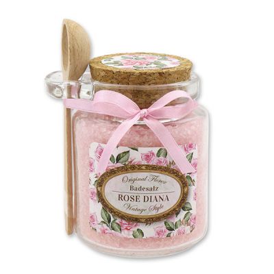 Badesalz 300g im Glas mit Holzlöffel "Vintage-Motiv 193", Rose Diana 