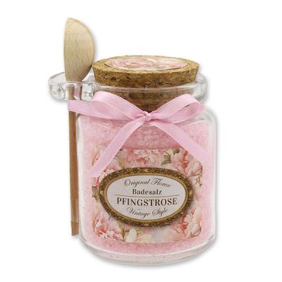 Bath salt 300g in a glass jar with a wooden spoon "Vintage motif 196", Peony 