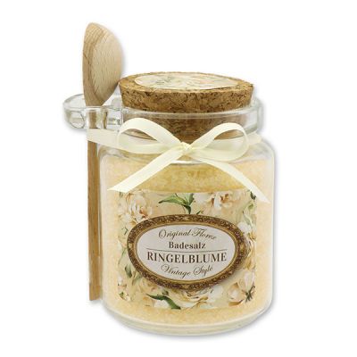 Bath salt 300g in a glass jar with a wooden spoon "Vintage motif 201", Marigold 