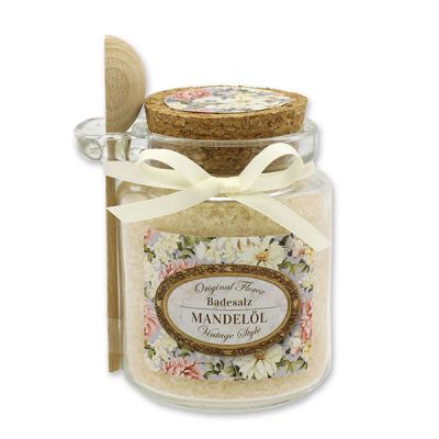 Bath salt 300g in a glass jar with a wooden spoon "Vintage motif 203", Almond oil 