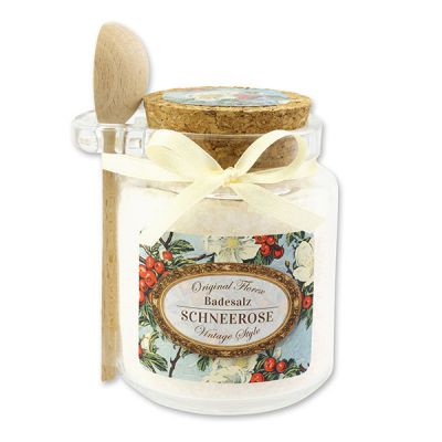 Badesalz 300g im Glas mit Holzlöffel "Vintage-Motiv 209", Schneerose 