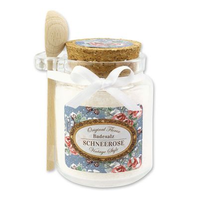 Badesalz 300g im Glas mit Holzlöffel "Vintage-Motiv 211", Schneerose 
