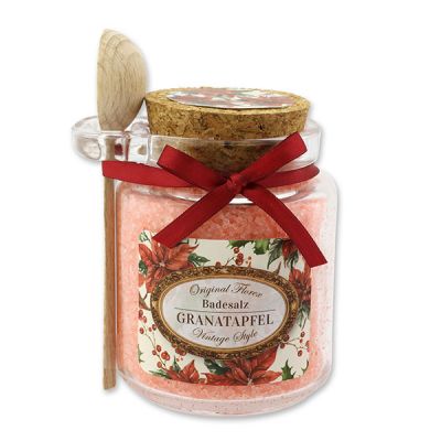 Badesalz 300g im Glas mit Holzlöffel "Vintage-Motiv 213", Granatapfel 