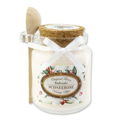 Badesalz 300g im Glas mit Holzlöffel "Vintage-Motiv 218", Schneerose 
