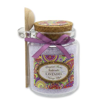 Bath salt 300g in a glass jar with a wooden spoon "Vintage motif 35", Lavender 