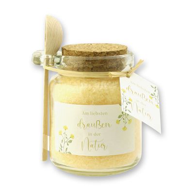 Bath salt 300g in a glass jar with a wooden spoon "Am liebsten draußen...", Marigold 