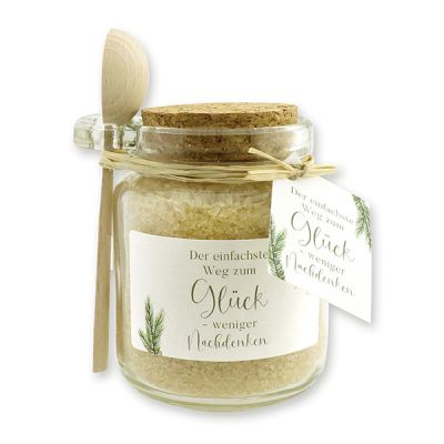 Bath salt 300g in a glass jar with a wooden spoon "Der einfachste Weg zum Glück...", Swiss pine 