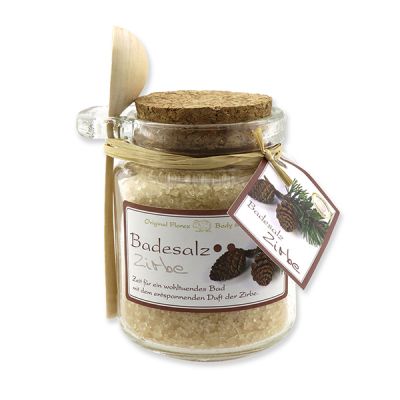 Bath salt 300g in a glass jar with a wooden spoon, Swiss pine 