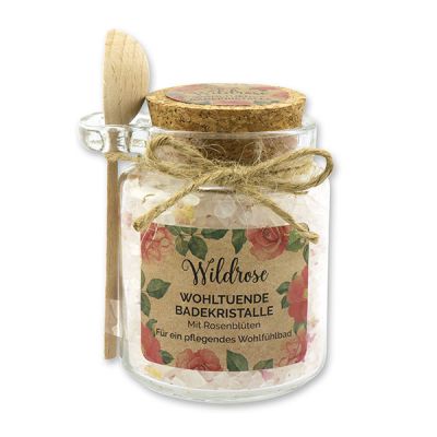 Bath salt 300g in a glass jar with a wooden spoon "feel-good time", Wild rose with petals 