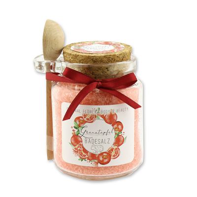 Bath salt 300g in a glass jar with a wooden spoon, Pomegranate 
