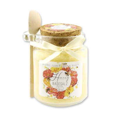 Bath salt 300g in a glass jar with a wooden spoon, Honey 