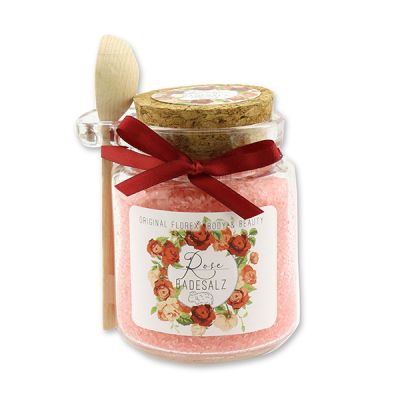 Bath salt 300g in a glass jar with a wooden spoon, Rose 