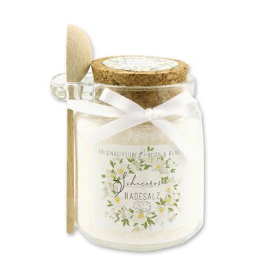 Bath salt 300g in a glass jar with a wooden spoon, Christmas rose white 