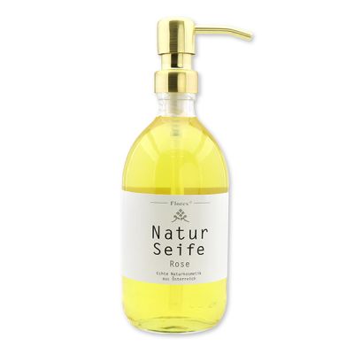 Real liquid natural soap with sheep milk 500ml in a glass bottle with a metal pump gold, Rose 