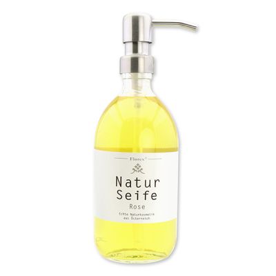 Real liquid natural soap with sheep milk 500ml in a glass bottle with a metal pump silver, Rose 