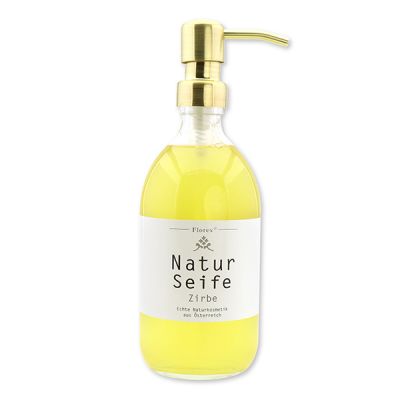 Real liquid natural soap with sheep milk 500ml in a glass bottle with a metal pump gold, Swiss pine 