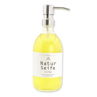 Real liquid natural soap with sheep milk 500ml in a glass bottle with a metal pump silver, Swiss pine 