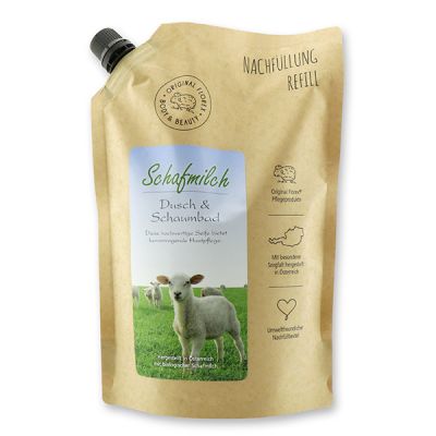 Dusch- & Schaumbad mit biologischer Schafmilch 1L im Nachfüll-Beutel, Classic 