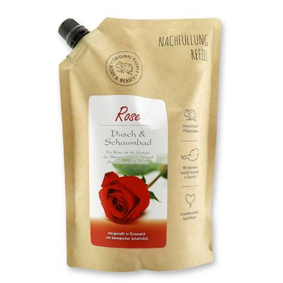 Shower- & foam bath with organic sheep milk 1L in a refill-bag, Rose red 