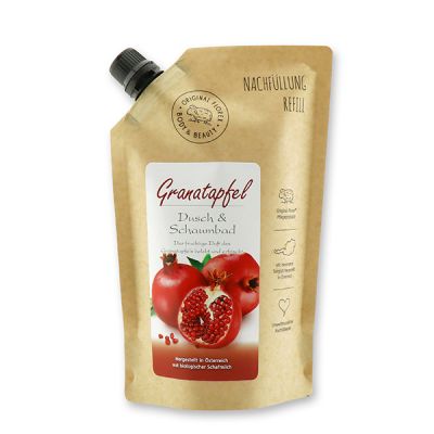 Shower- & foam bath with organic sheep milk 500ml in a refill-bag, Pomegranate 