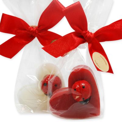 Sheep milk heart soap 23g decorated with a ladybug in a cellophane, Classic/pomegranate 
