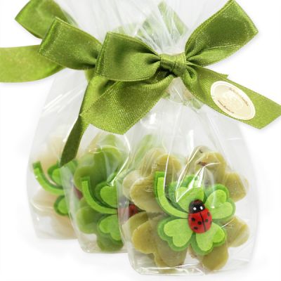 Sheep milk cloverleaf soap 25g decorated with a cloverleaf in a cellophane, Classic/verbena/pear 