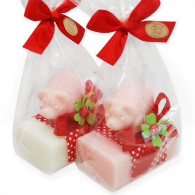 Sheep milk soap 100g decorated with a soap pig 40g in a cellophane, Classic/peony 