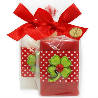 Sheep milk soap 100g decorated with a cloverleaf in a cellophane, Classic/pomegranate 