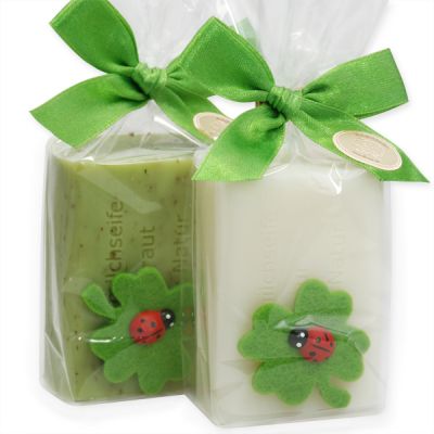 Sheep milk soap 100g decorated with a cloverleaf in a cellophane, Classic/verbena 