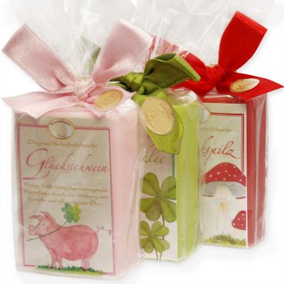 Sheep milk soap 100g decorated with a card 'new year" in a cellophane, Peony/pear/pomegranate 