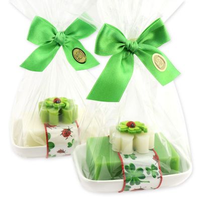 Sheep milk soap 150g decorated on soap dish with soap cloverleaf 25g in a cellophane, Classic/pear 