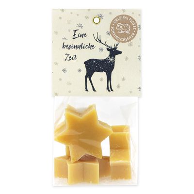 Sheep milk soap star 4x20g in a cellophane bag "Colourful Holidays motif 1", Swiss pine 