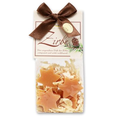 Sheepmilk soap star 7x12g swiss pine decorated with swiss pine shavings, classic labeling and bow tie packed in a cellophane bag 