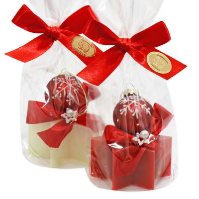 Schafmilchseife Stern 40g dekoriert mit Weihnachtskugel in Cello, Classic/Granatapfel 