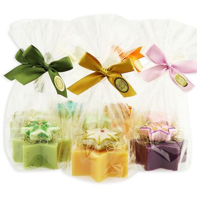 Sheep milk soap star 80g decorated with a glass christmas star in a cellophane, Swiss pine/ Verbena/ Elder/ Classic/ Orange/ Christmas rose white 