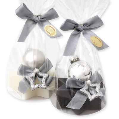 Sheep milk soap star 80g, decorated with a christmass ball in a cellophane, Classic/christmas rose 