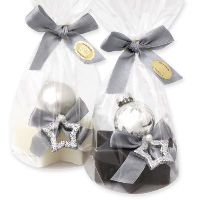 Sheep milk soap star 80g decorated with a christmass ball in a cellophane, Classic/christmas rose 