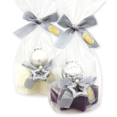 Sheep milk soap star 80g, decorated with a glass christmas ball in a cellophane, Classic/elderberry 