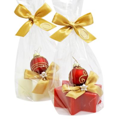 Sheep milk soap star 80g decorated with a glass christmas ball in a cellophane, Classic/Pomegranate 