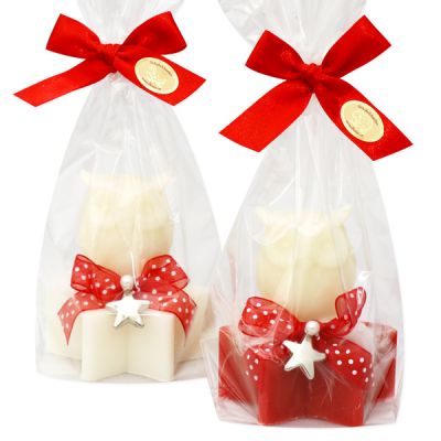 Schafmilchseife Stern 80g dekoriert mit Seife Eule 50g in Cello, Classic/Granatapfel 