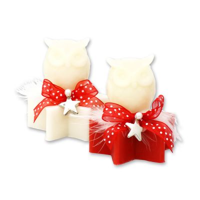 Schafmilchseife Stern 80g dekoriert mit Seife Eule 50g, Classic/Granatapfel 
