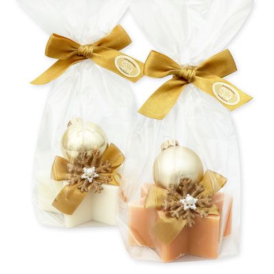 Schafmilchseife Stern 80g, dekoriert mit Weihnachtskugel in Cello, Classic/Zirbe 