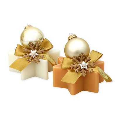Schafmilchseife Stern 80g, dekoriert mit Weihnachtskugel, Classic/Zirbe 