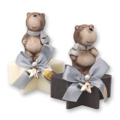 Sheep milk soap star 80g decorated with a bear, Classic/Christmas rose 